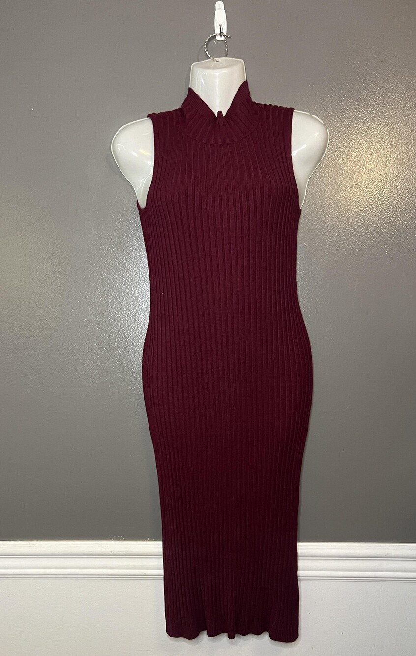Knit & Love Dress Womens Medium Ribbed Sleeveless Mock Neck Midi Bodycon